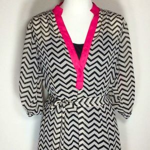 Sheer Chevron Dress w/Hot Pink Trim